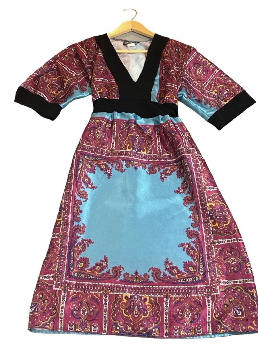 Boho Paisley V-Neck Maxi Dress in Turquoise & Magenta Womens Small